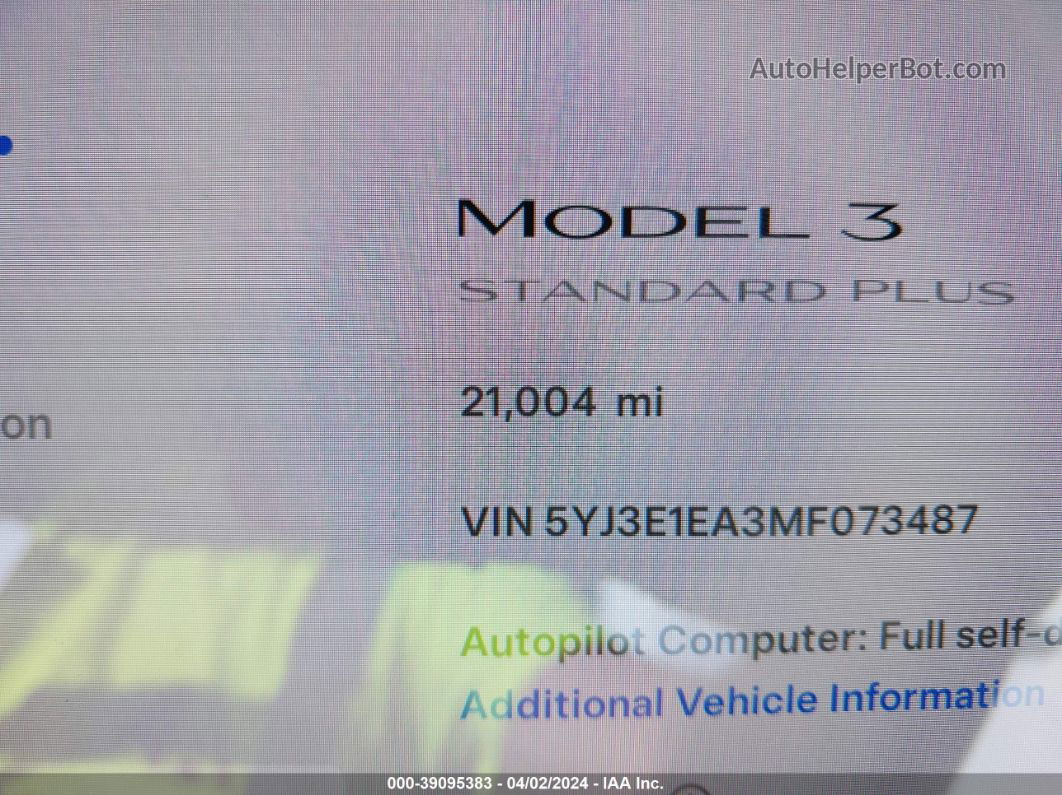 2021 Tesla Model 3 Standard Range Plus Rear-wheel Drive White vin: 5YJ3E1EA3MF073487