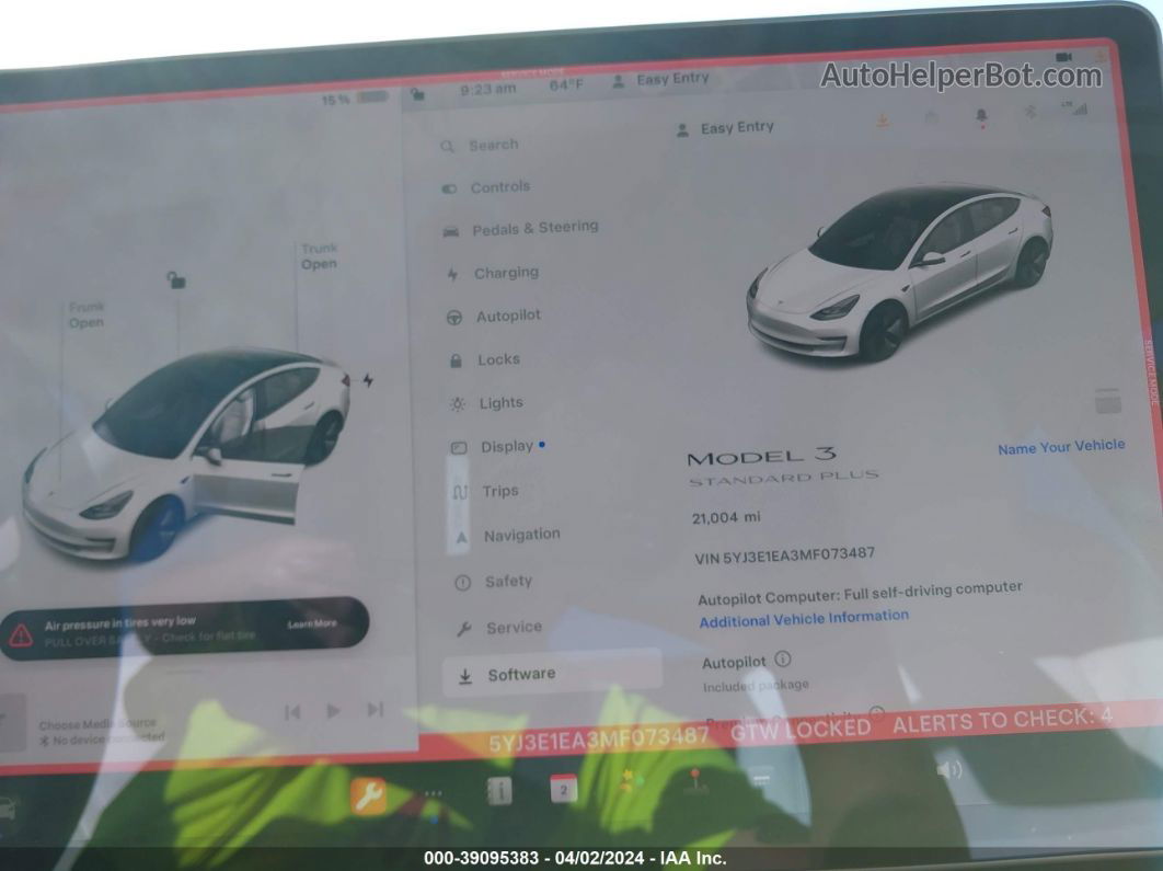 2021 Tesla Model 3 Standard Range Plus Rear-wheel Drive Белый vin: 5YJ3E1EA3MF073487