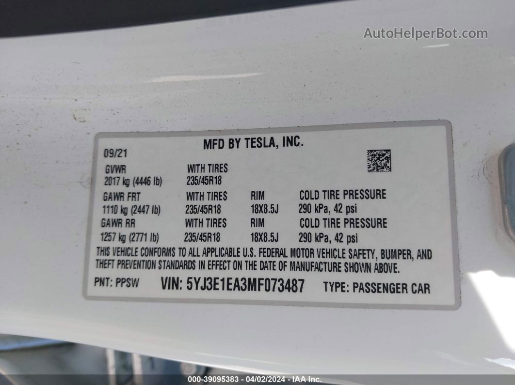 2021 Tesla Model 3 Standard Range Plus Rear-wheel Drive Белый vin: 5YJ3E1EA3MF073487