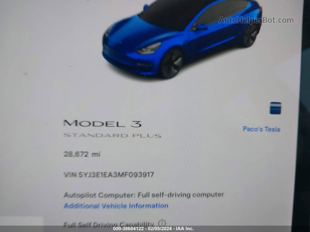 2021 Tesla Model 3 Standard Range Plus Rear-wheel Drive Blue vin: 5YJ3E1EA3MF093917