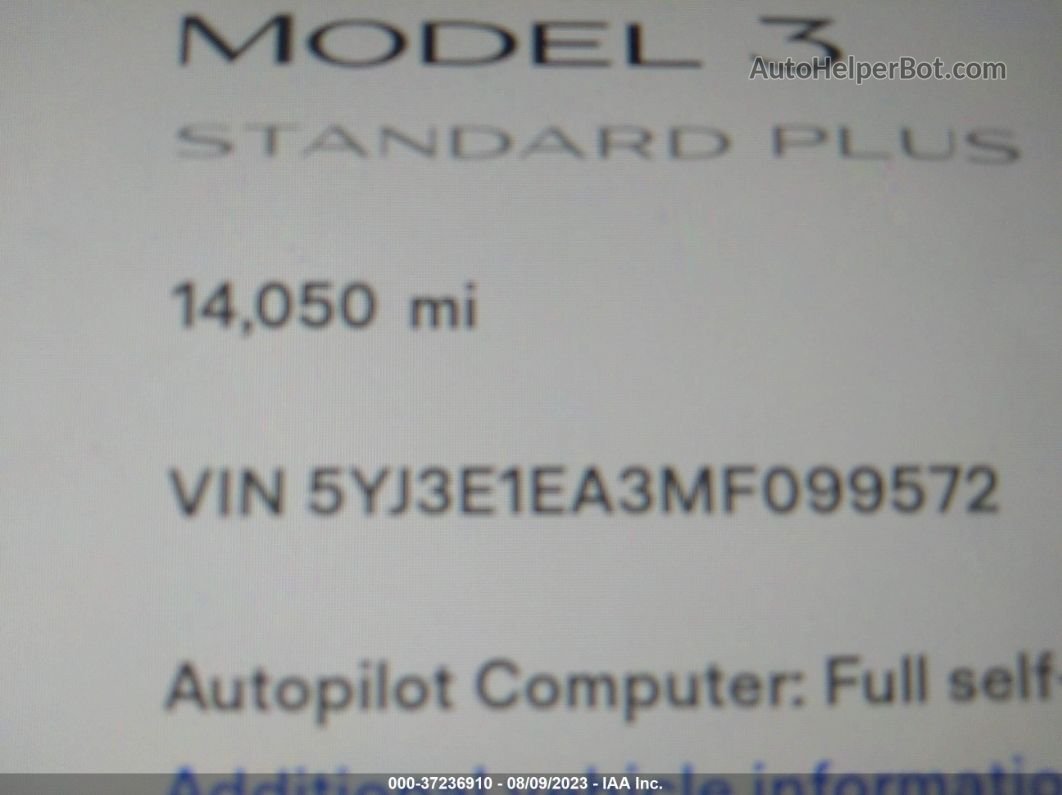2021 Tesla Model 3 Standard Range Plus White vin: 5YJ3E1EA3MF099572
