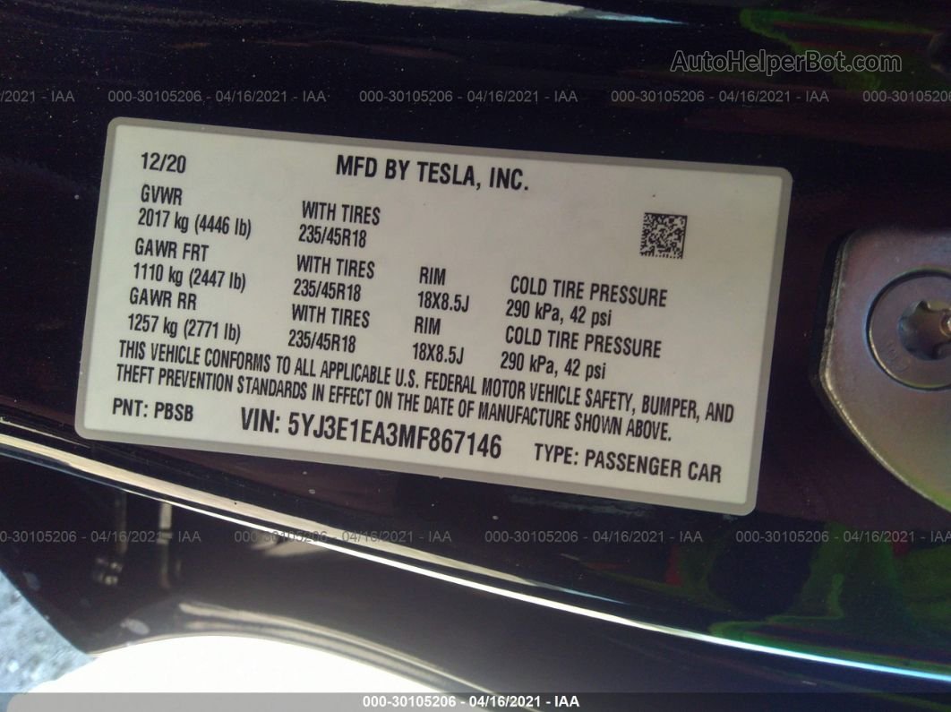 2021 Tesla Model 3 Standard Range Plus Черный vin: 5YJ3E1EA3MF867146