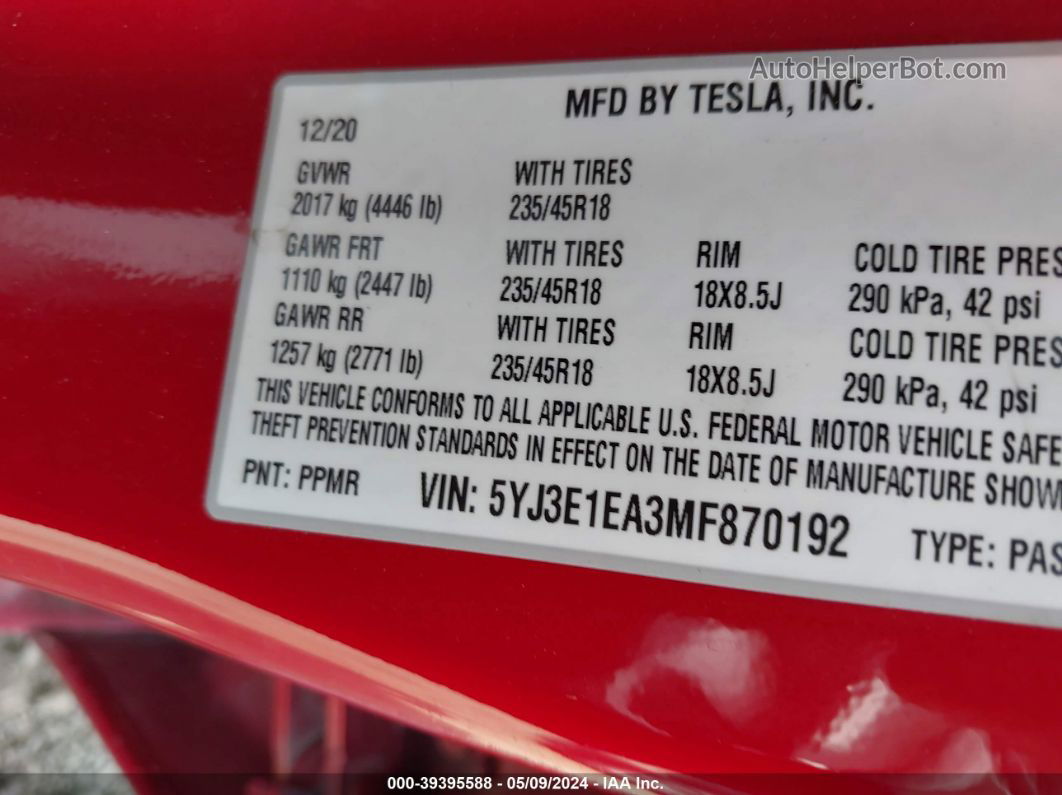 2021 Tesla Model 3 Standard Range Plus Rear-wheel Drive Red vin: 5YJ3E1EA3MF870192