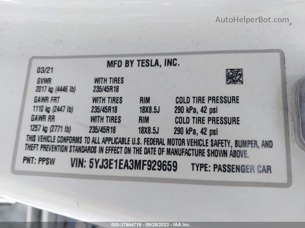 2021 Tesla Model 3 Standard Range Plus Белый vin: 5YJ3E1EA3MF929659
