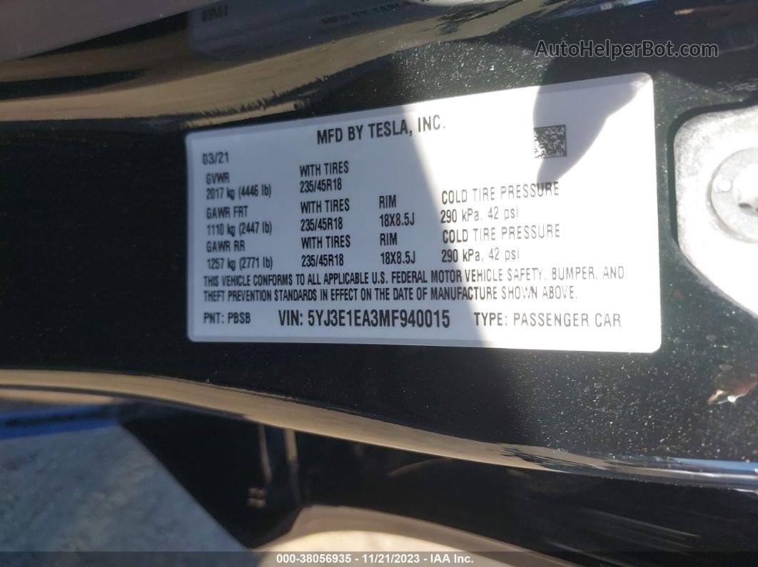2021 Tesla Model 3 Standard Range Plus Rear-wheel Drive Black vin: 5YJ3E1EA3MF940015