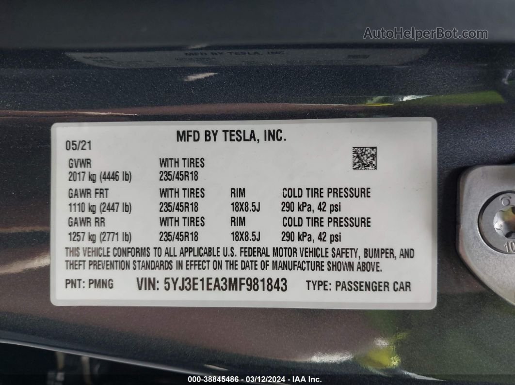 2021 Tesla Model 3 Standard Range Plus Rear-wheel Drive Blue vin: 5YJ3E1EA3MF981843