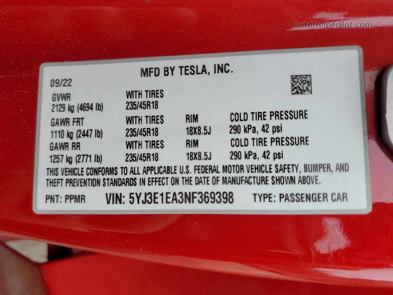 2022 Tesla Model 3  Red vin: 5YJ3E1EA3NF369398