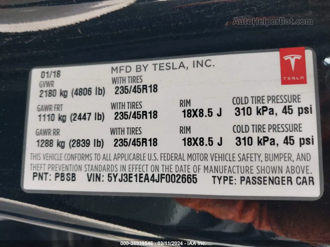 2018 Tesla Model 3 Long Range/mid Range Черный vin: 5YJ3E1EA4JF002665