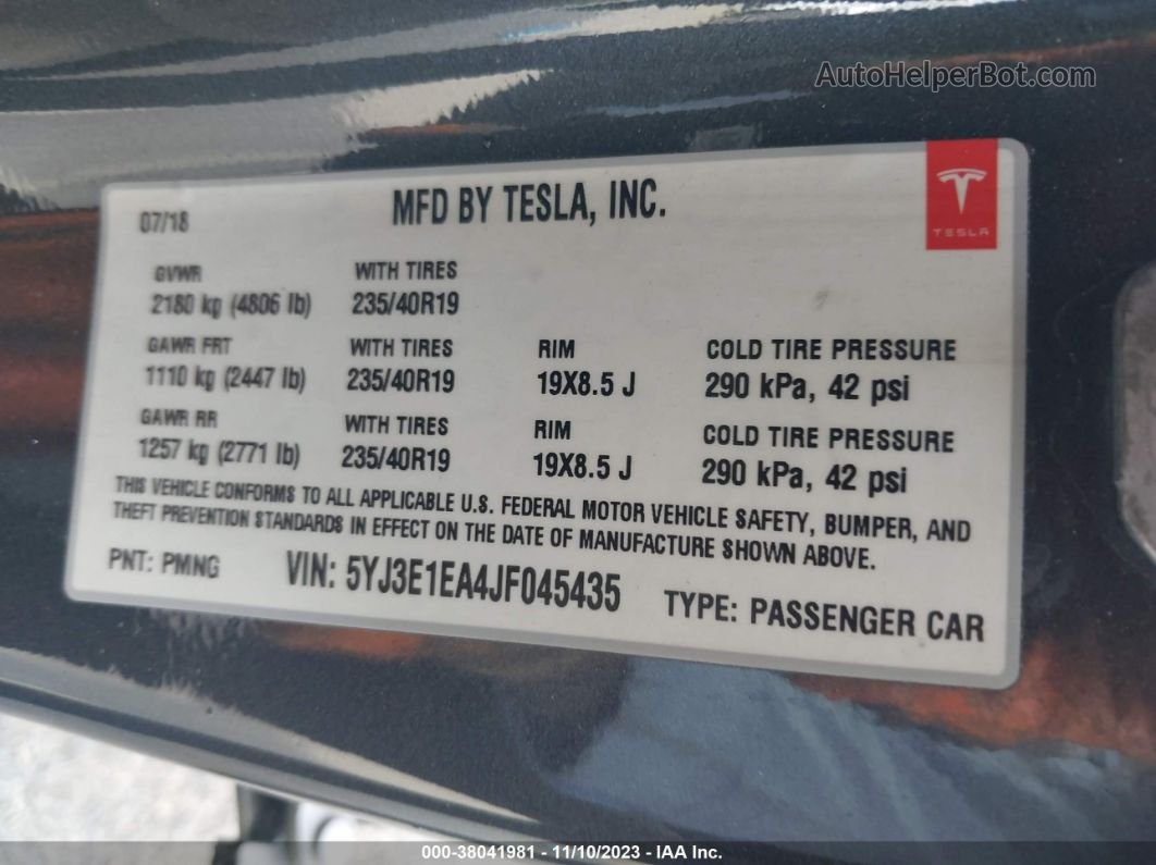 2018 Tesla Model 3 Range Battery Серый vin: 5YJ3E1EA4JF045435