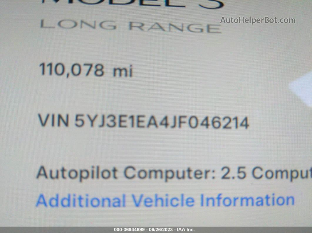 2018 Tesla Model 3 Range Battery White vin: 5YJ3E1EA4JF046214