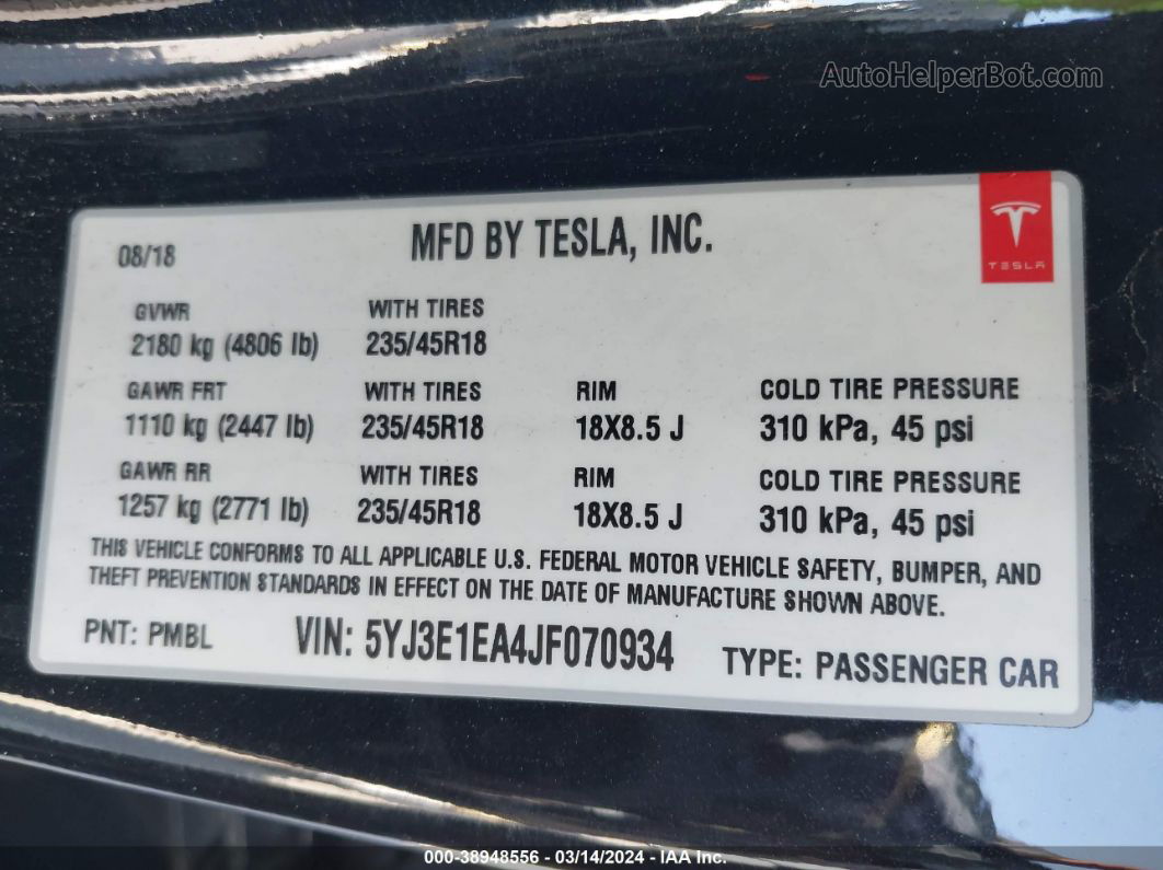 2018 Tesla Model 3 Long Range/mid Range Black vin: 5YJ3E1EA4JF070934