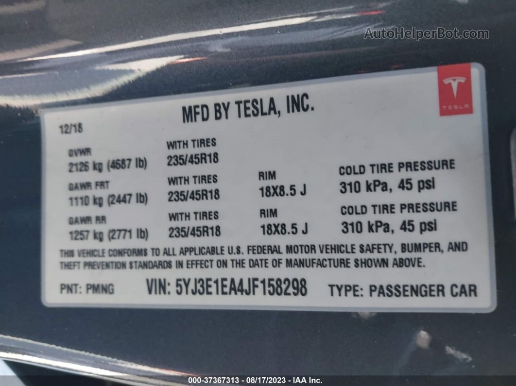 2018 Tesla Model 3 Range Battery Gray vin: 5YJ3E1EA4JF158298