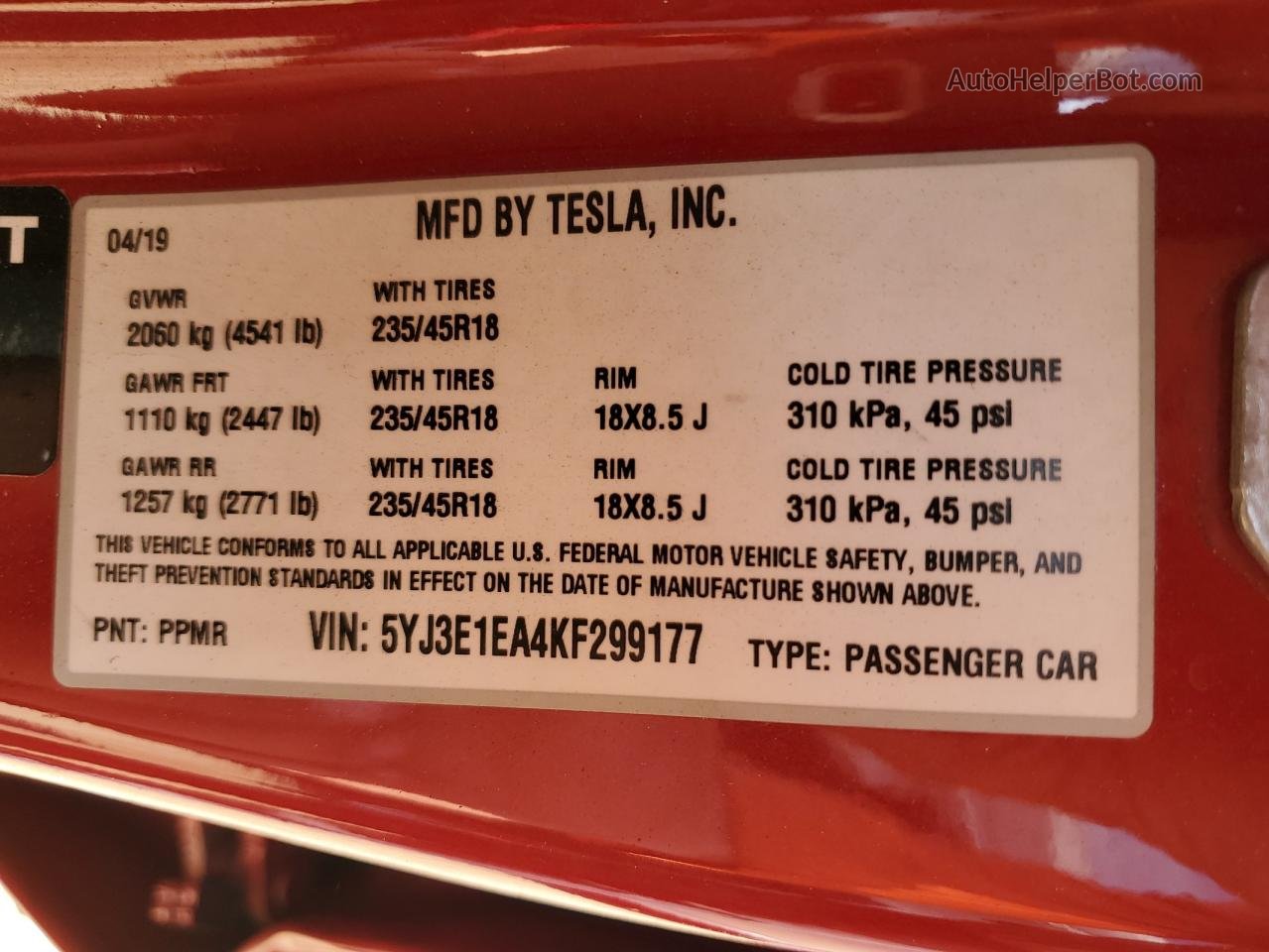 2019 Tesla Model 3  Красный vin: 5YJ3E1EA4KF299177