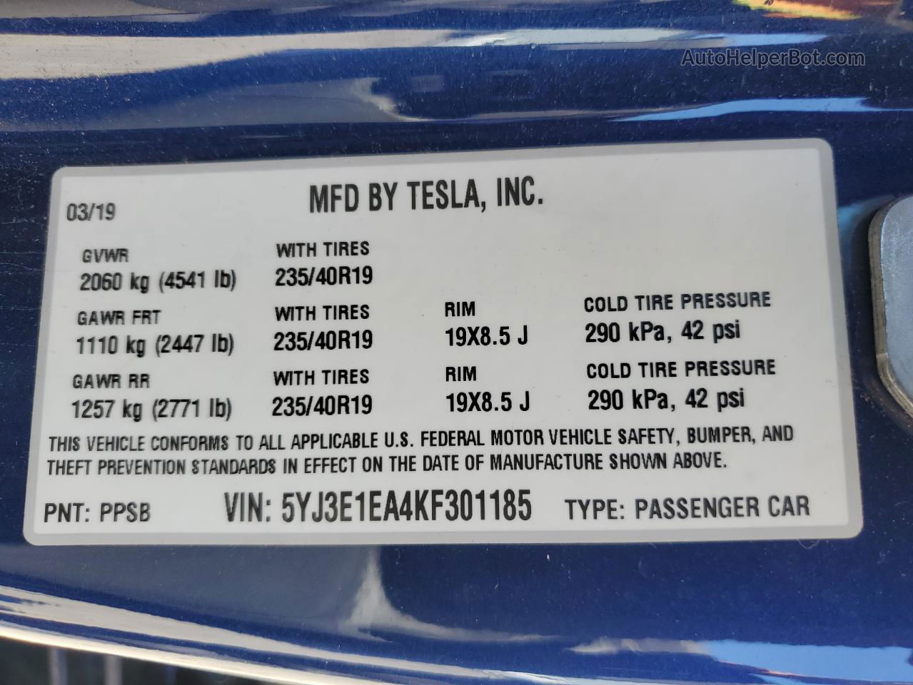 2019 Tesla Model 3  Blue vin: 5YJ3E1EA4KF301185