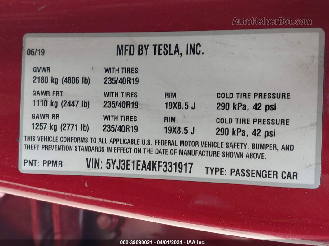 2019 Tesla Model 3 Long Range/mid Range/standard Range/standard Range Plus Red vin: 5YJ3E1EA4KF331917
