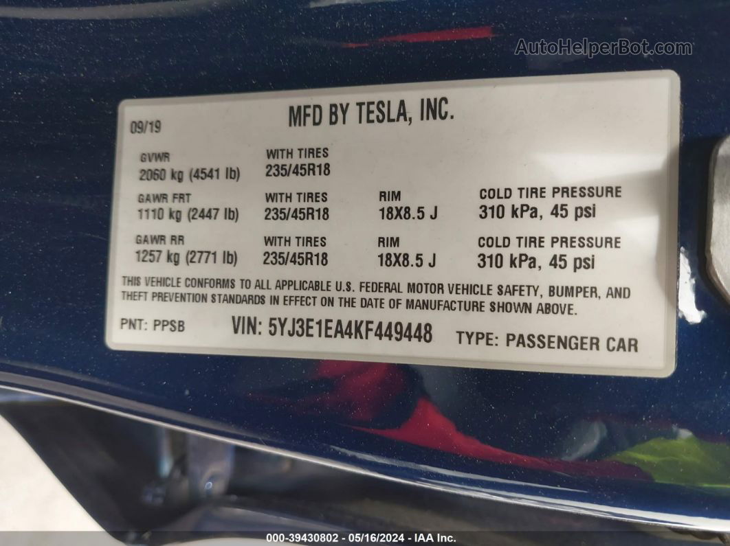 2019 Tesla Model 3 Long Range/mid Range/standard Range/standard Range Plus Dark Blue vin: 5YJ3E1EA4KF449448