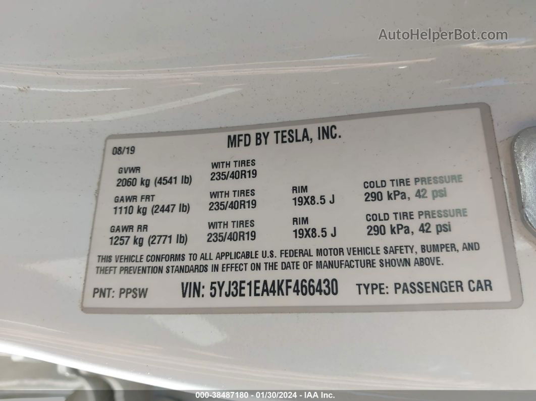 2019 Tesla Model 3 Long Range/mid Range/standard Range/standard Range Plus White vin: 5YJ3E1EA4KF466430