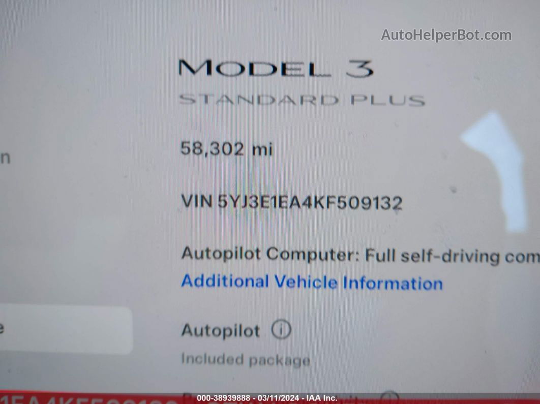 2019 Tesla Model 3 Long Range/mid Range/standard Range/standard Range Plus Белый vin: 5YJ3E1EA4KF509132