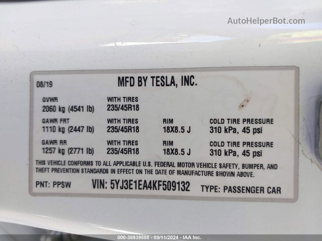 2019 Tesla Model 3 Long Range/mid Range/standard Range/standard Range Plus White vin: 5YJ3E1EA4KF509132