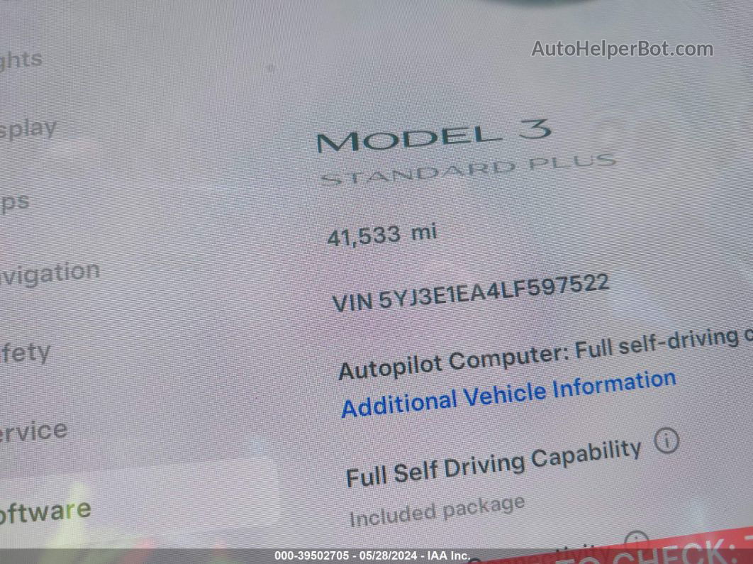 2020 Tesla Model 3 Standard Range Plus Rear-wheel Drive/standard Range Rear-wheel Drive Белый vin: 5YJ3E1EA4LF597522