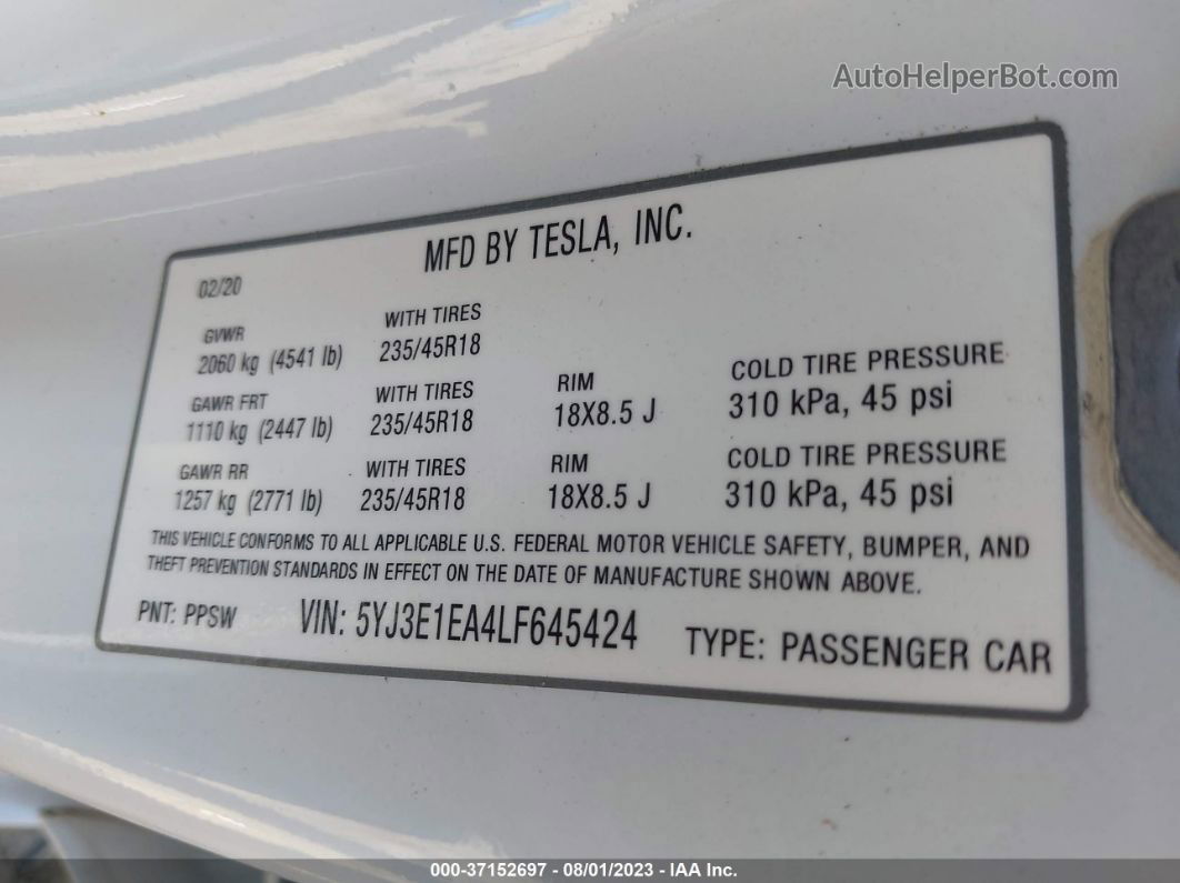 2020 Tesla Model 3 Standard Range Plus White vin: 5YJ3E1EA4LF645424