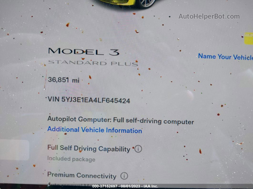 2020 Tesla Model 3 Standard Range Plus White vin: 5YJ3E1EA4LF645424