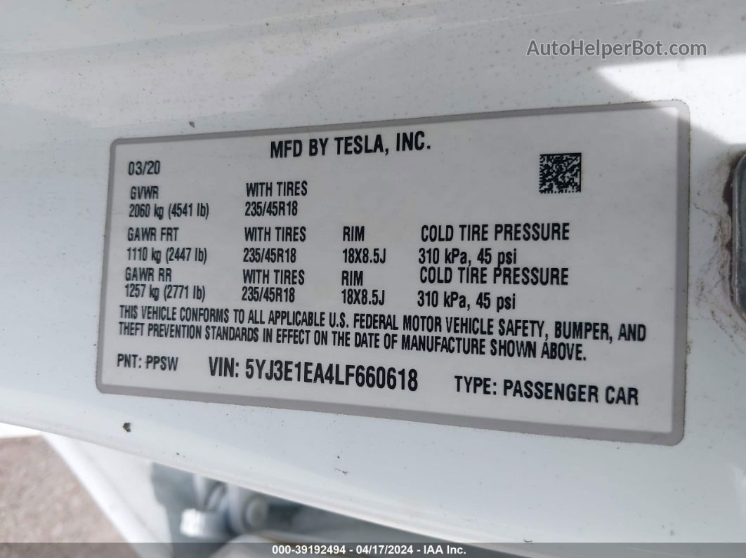 2020 Tesla Model 3 Standard Range Plus Rear-wheel Drive/standard Range Rear-wheel Drive White vin: 5YJ3E1EA4LF660618