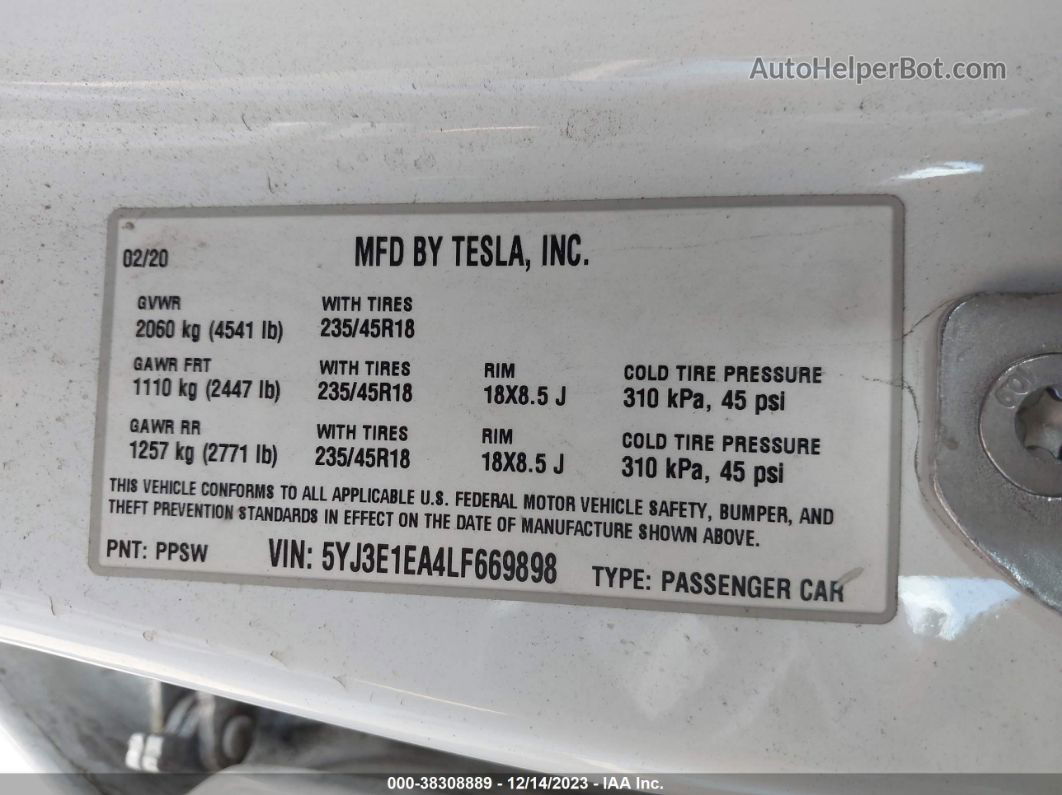 2020 Tesla Model 3 Standard Range Plus Rear-wheel Drive/standard Range Rear-wheel Drive White vin: 5YJ3E1EA4LF669898