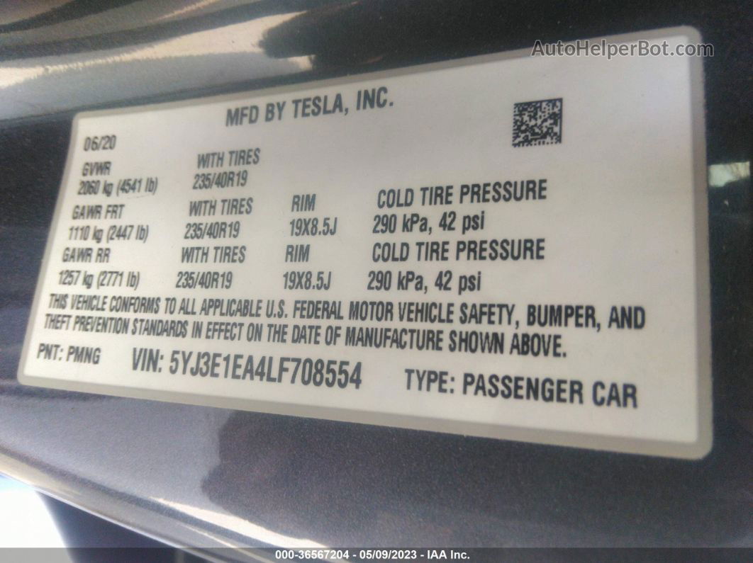 2020 Tesla Model 3 Standard Range Серый vin: 5YJ3E1EA4LF708554