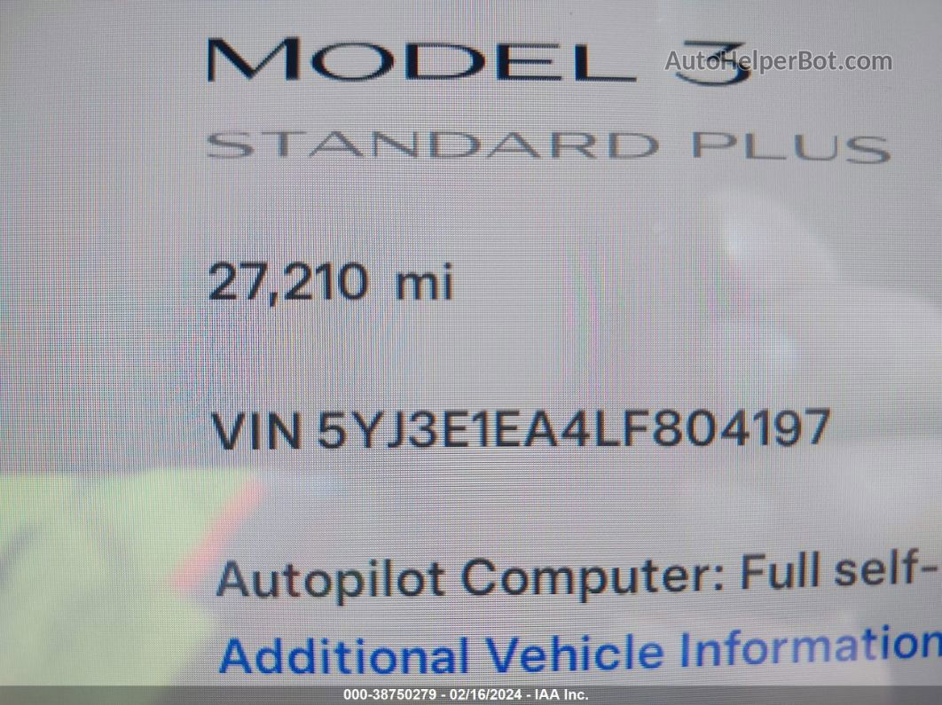 2020 Tesla Model 3 Standard Range Plus Rear-wheel Drive/standard Range Rear-wheel Drive White vin: 5YJ3E1EA4LF804197