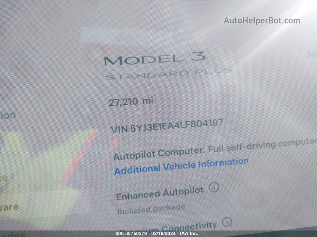 2020 Tesla Model 3 Standard Range Plus Rear-wheel Drive/standard Range Rear-wheel Drive Белый vin: 5YJ3E1EA4LF804197