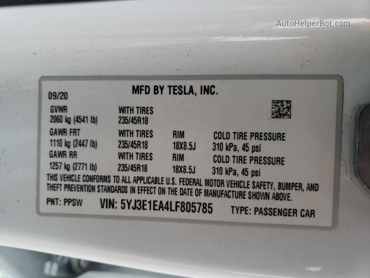 2020 Tesla Model 3  White vin: 5YJ3E1EA4LF805785