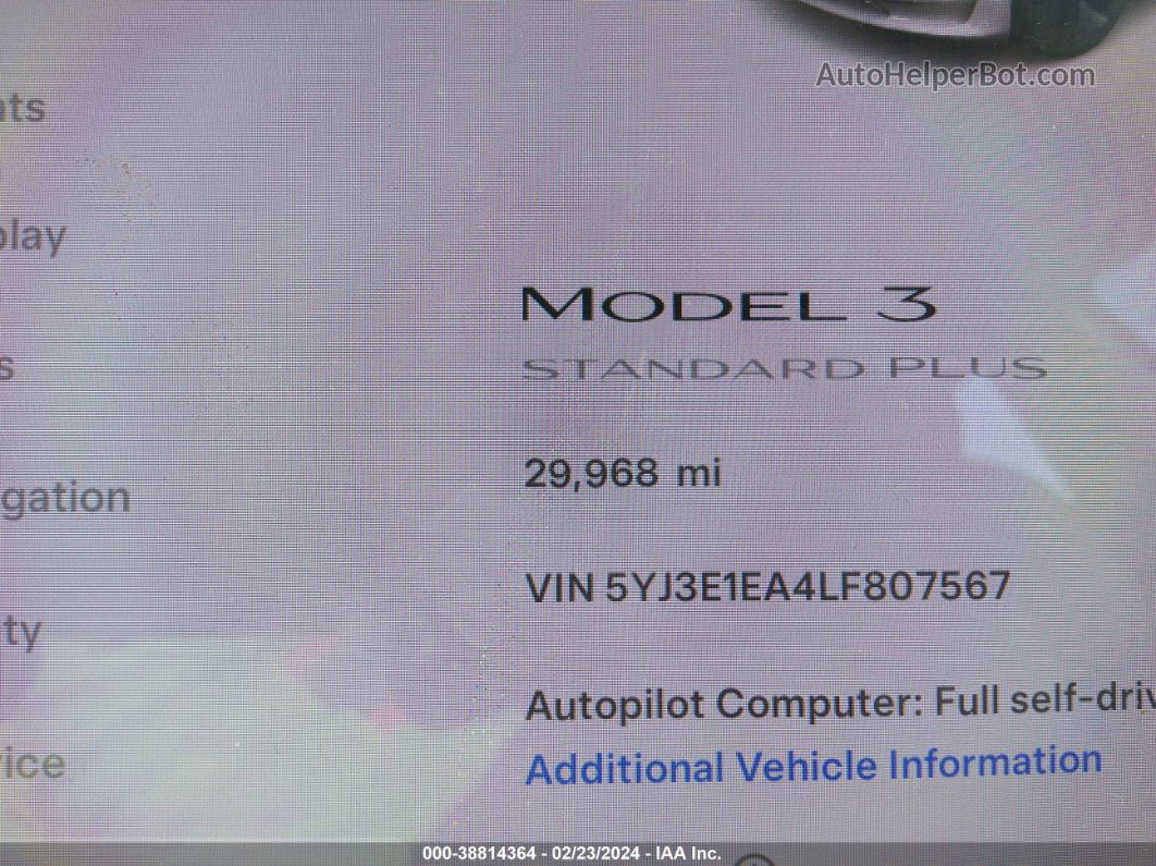 2020 Tesla Model 3 Standard Range Plus Rear-wheel Drive/standard Range Rear-wheel Drive White vin: 5YJ3E1EA4LF807567