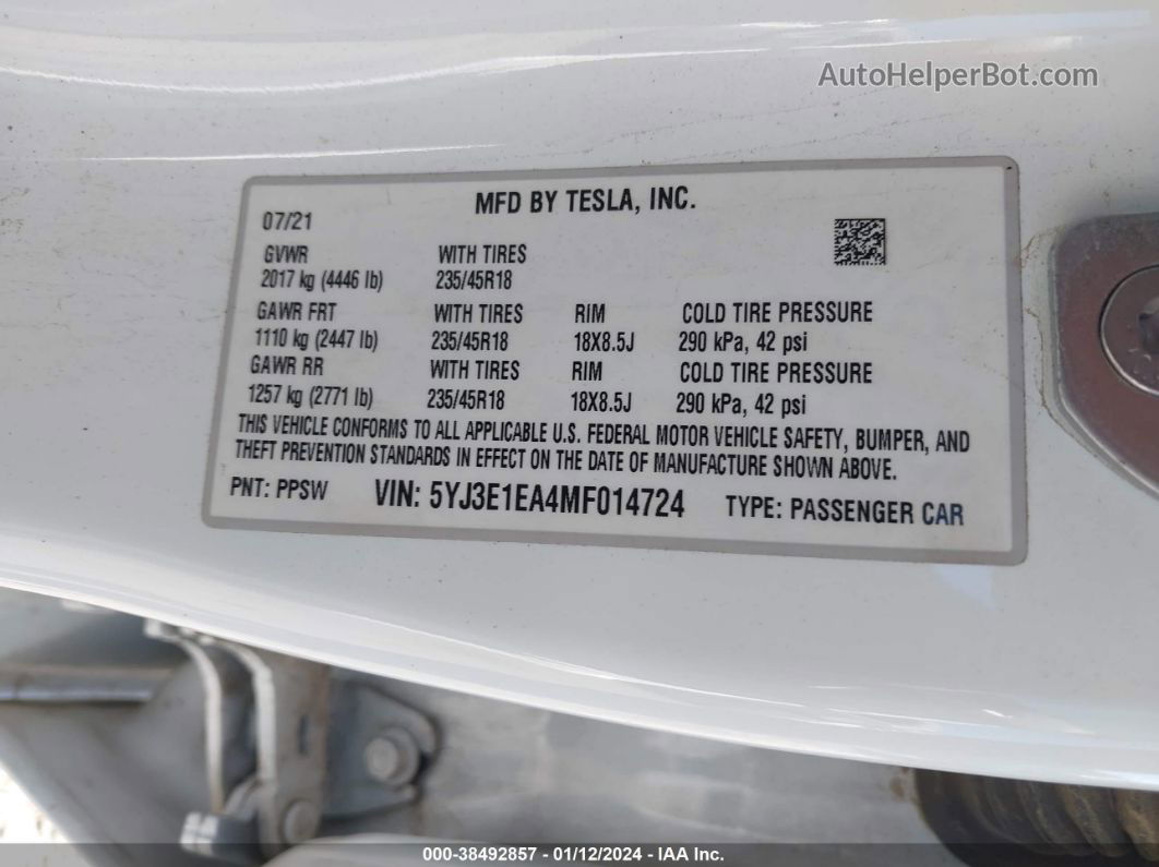 2021 Tesla Model 3 Standard Range Plus Rear-wheel Drive White vin: 5YJ3E1EA4MF014724