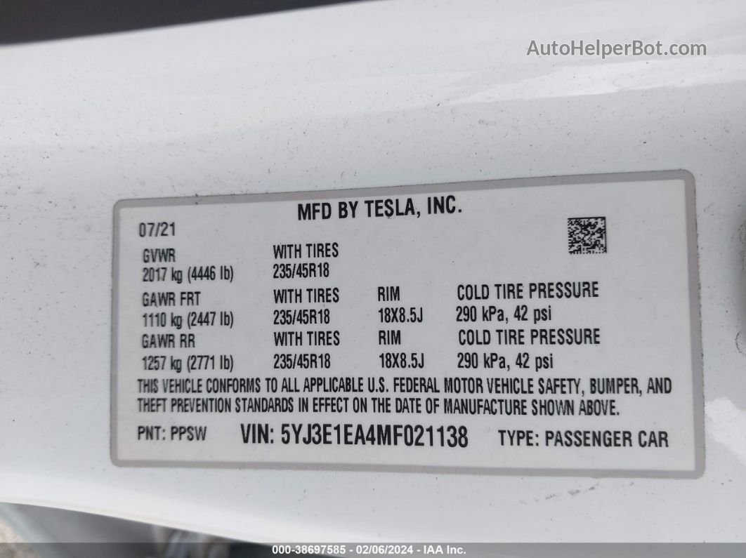 2021 Tesla Model 3 Standard Range Plus Rear-wheel Drive White vin: 5YJ3E1EA4MF021138