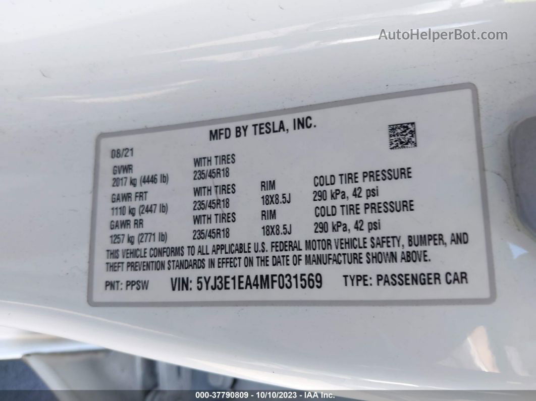 2021 Tesla Model 3 Standard Range Plus Rear-wheel Drive White vin: 5YJ3E1EA4MF031569