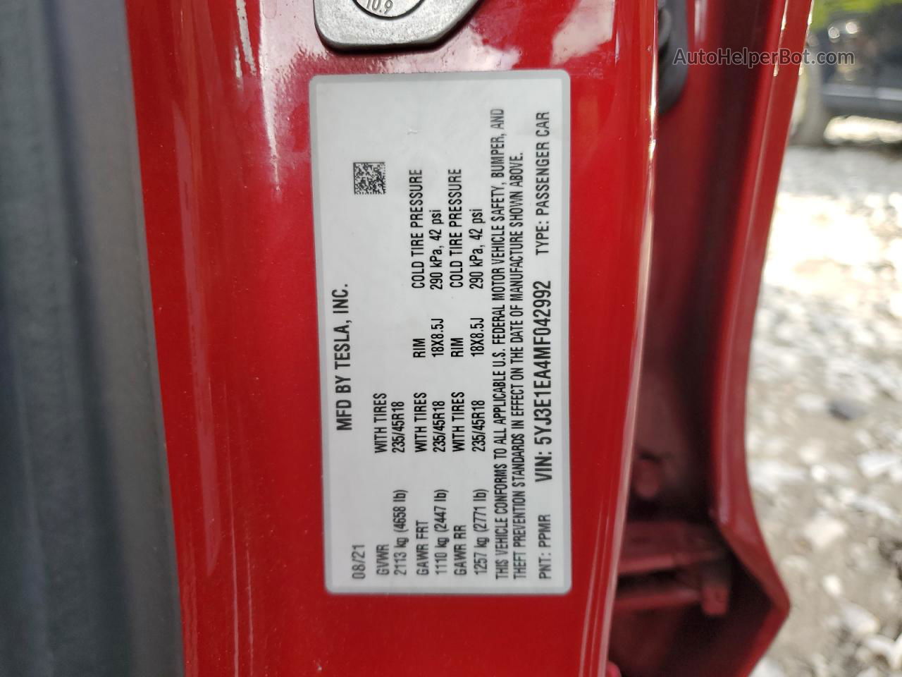 2021 Tesla Model 3  Red vin: 5YJ3E1EA4MF042992