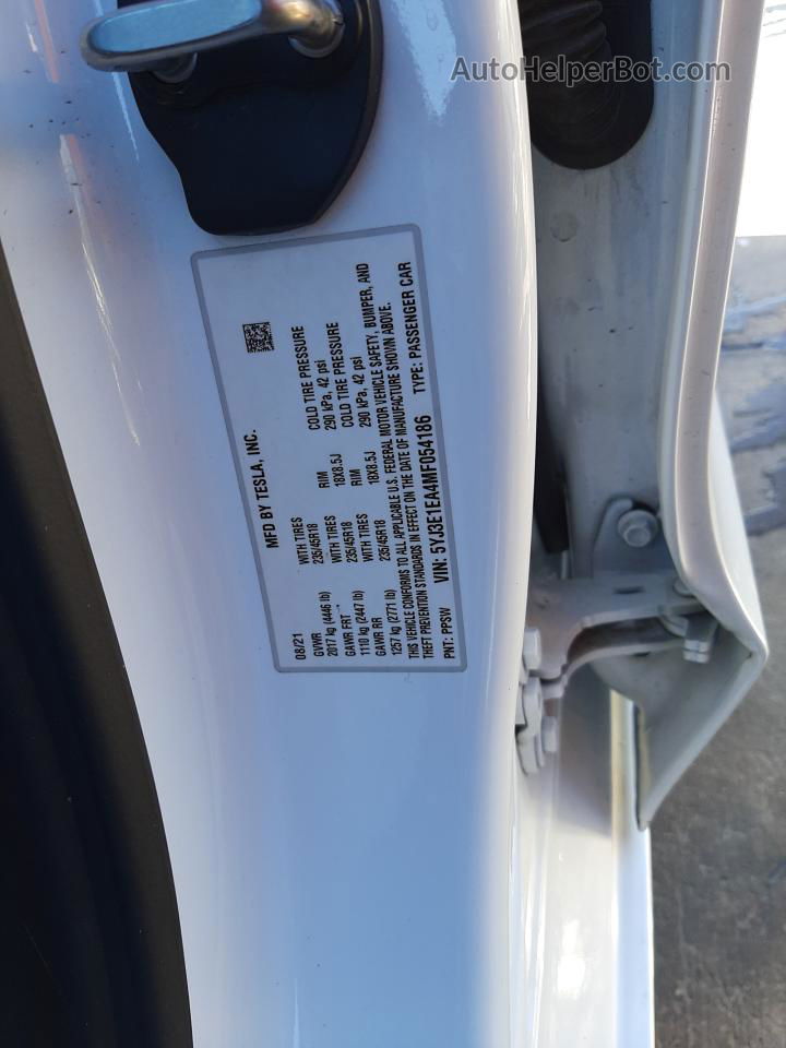 2021 Tesla Model 3  White vin: 5YJ3E1EA4MF054186