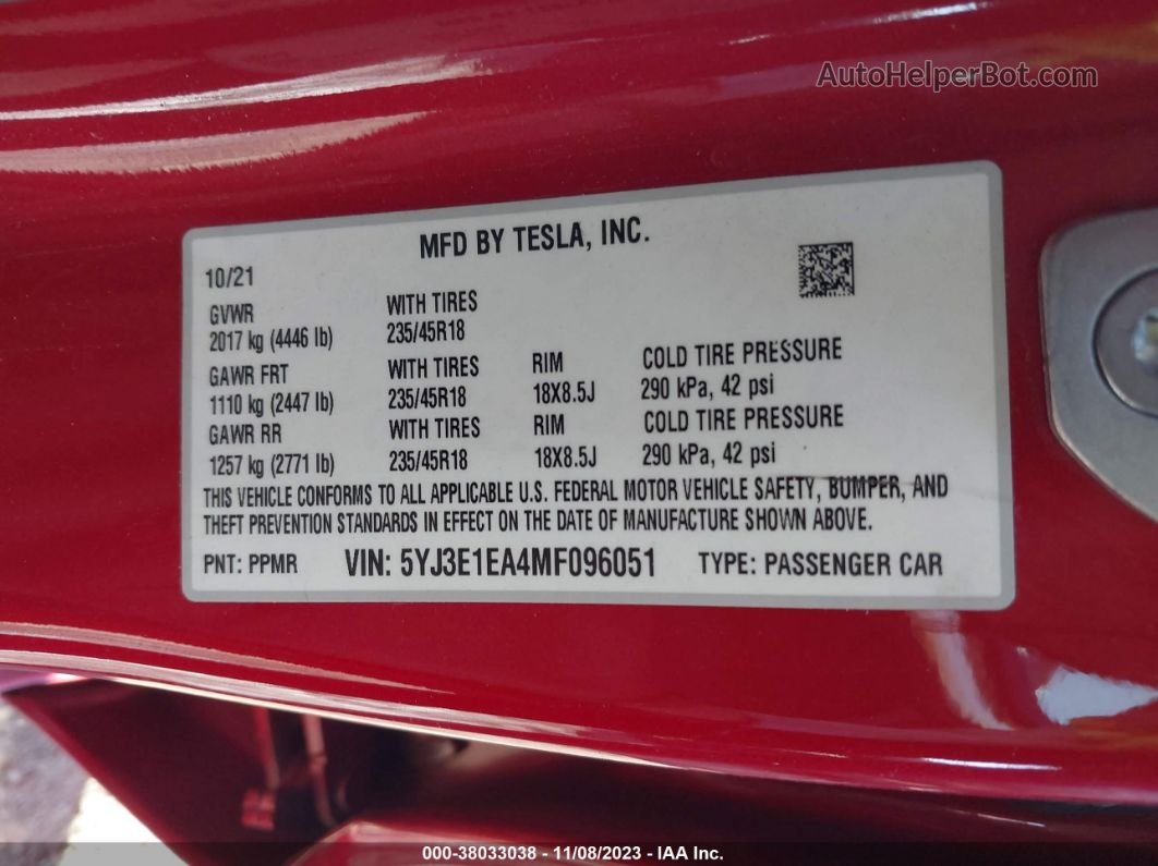2021 Tesla Model 3 Standard Range Plus Red vin: 5YJ3E1EA4MF096051