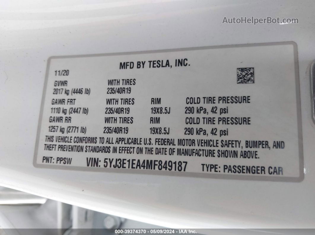 2021 Tesla Model 3 Standard Range Plus Rear-wheel Drive White vin: 5YJ3E1EA4MF849187