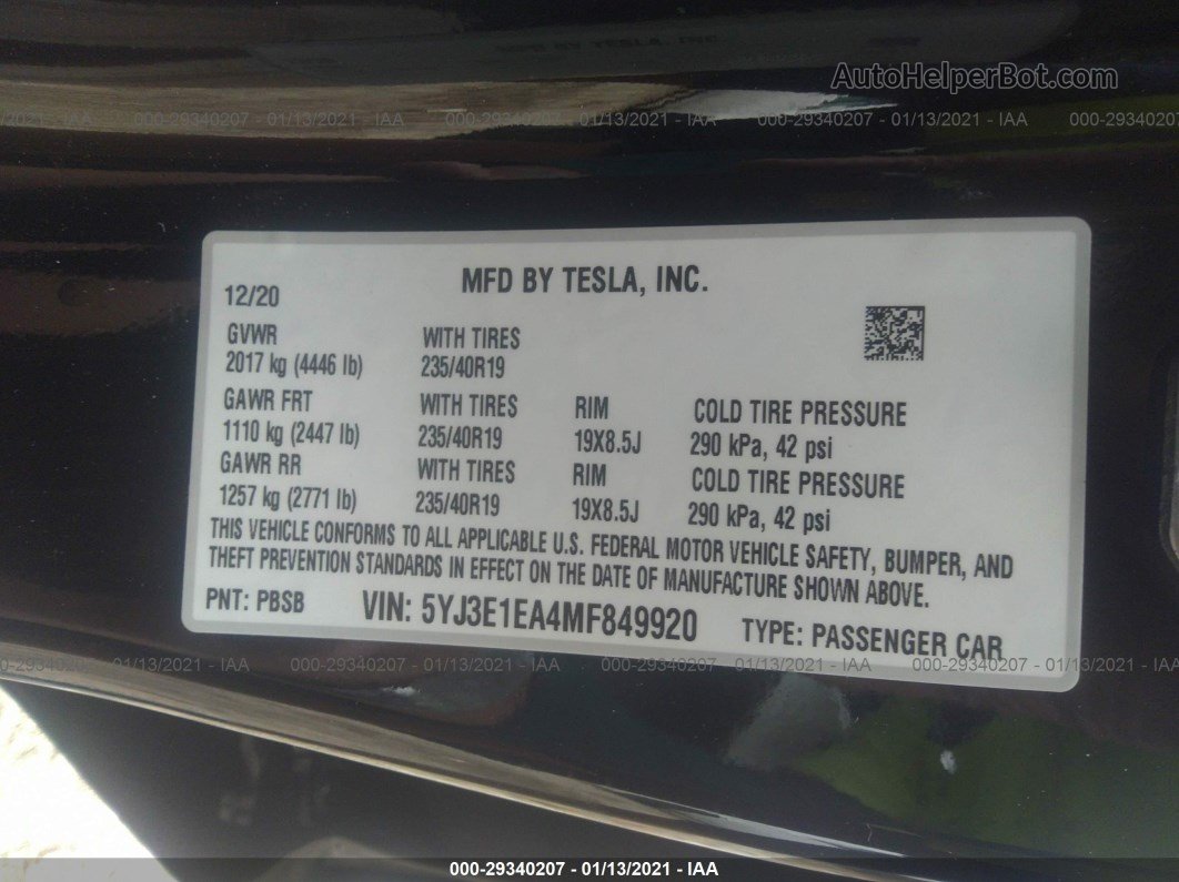 2021 Tesla Model 3 Black vin: 5YJ3E1EA4MF849920