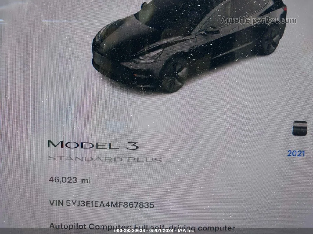 2021 Tesla Model 3 Standard Range Plus Rear-wheel Drive Black vin: 5YJ3E1EA4MF867835