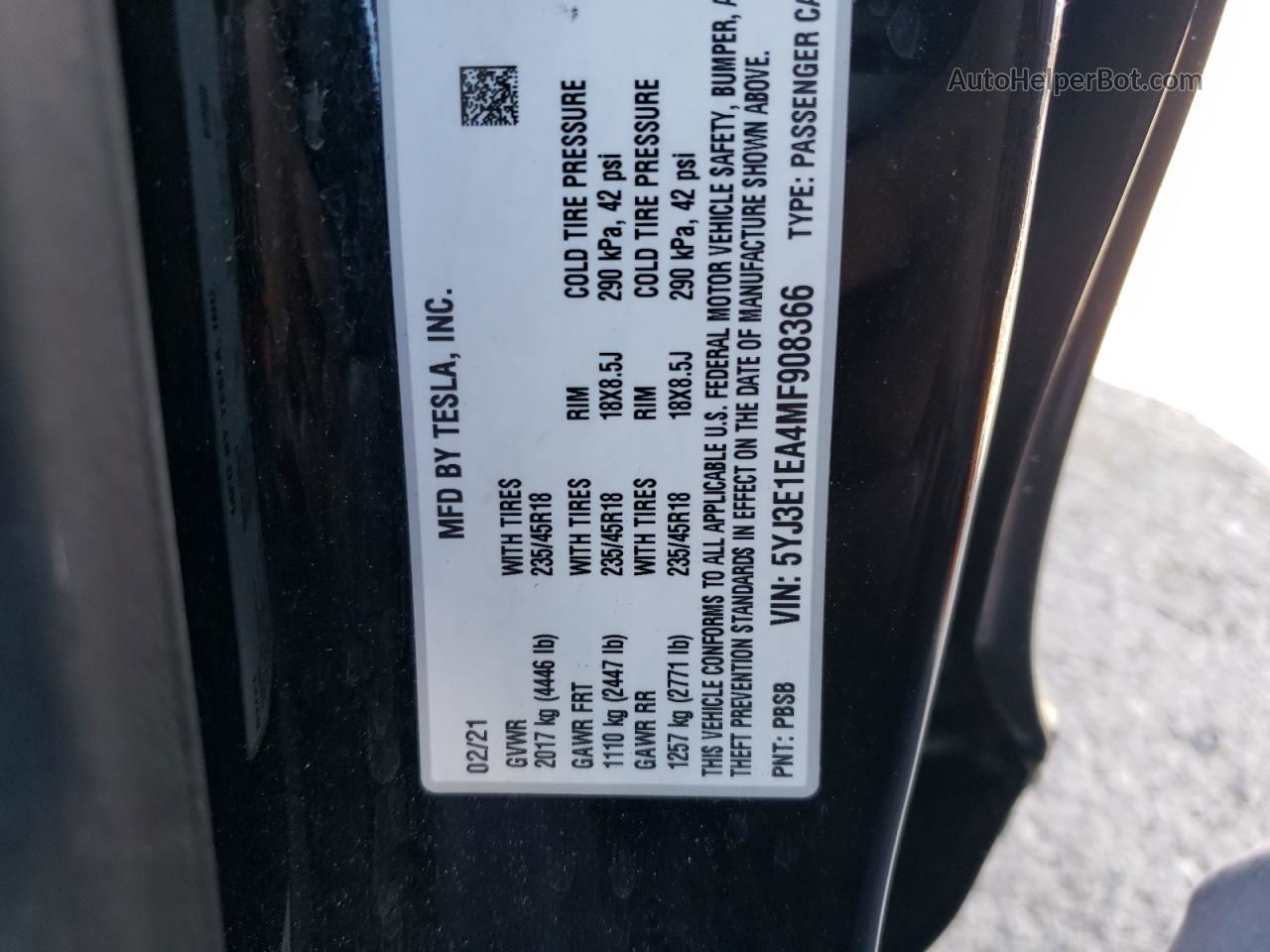 2021 Tesla Model 3  Black vin: 5YJ3E1EA4MF908366