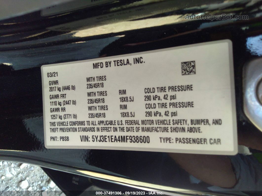 2021 Tesla Model 3 Standard Range Plus Rear-wheel Drive Black vin: 5YJ3E1EA4MF938600