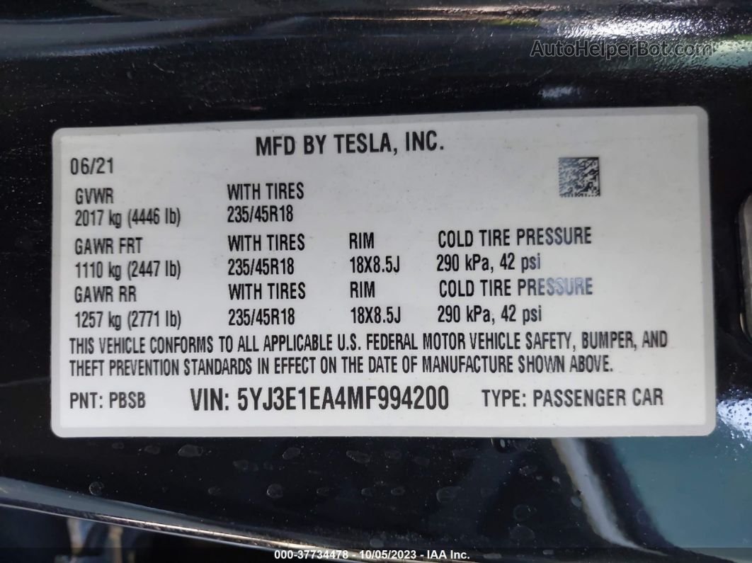2021 Tesla Model 3 Standard Range Plus Black vin: 5YJ3E1EA4MF994200