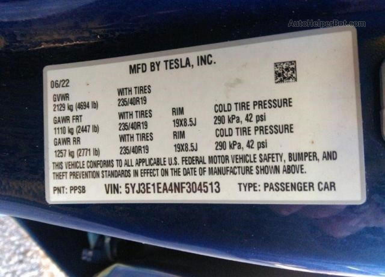 2022 Tesla Model 3 Blue vin: 5YJ3E1EA4NF304513