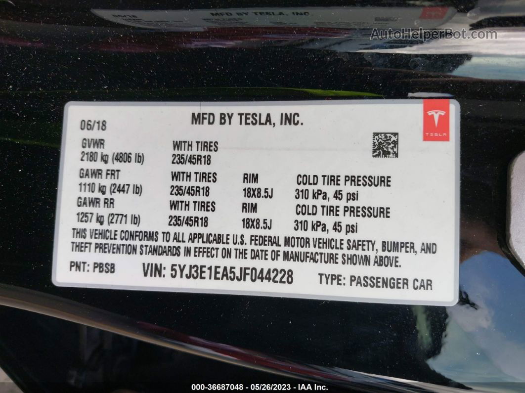 2018 Tesla Model 3 Range Battery Черный vin: 5YJ3E1EA5JF044228