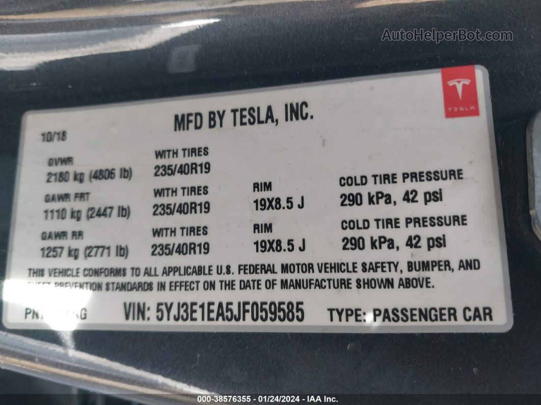 2018 Tesla Model 3 Long Range/mid Range Серый vin: 5YJ3E1EA5JF059585