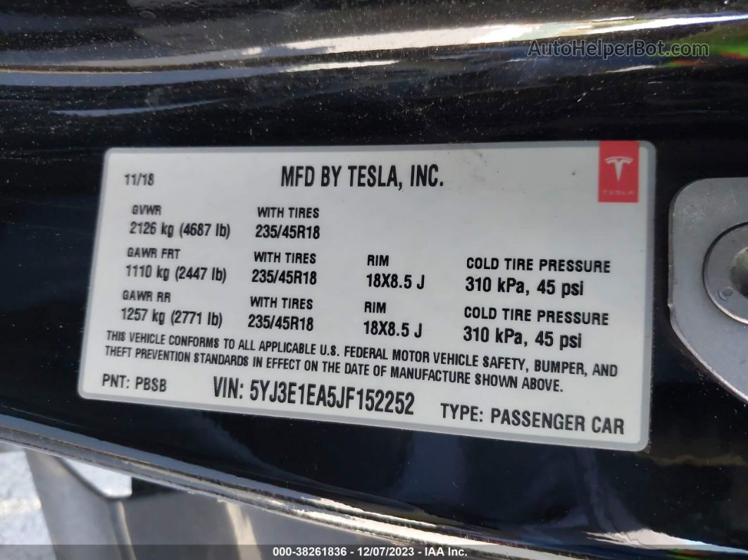 2018 Tesla Model 3 Mid Range/long Range Black vin: 5YJ3E1EA5JF152252