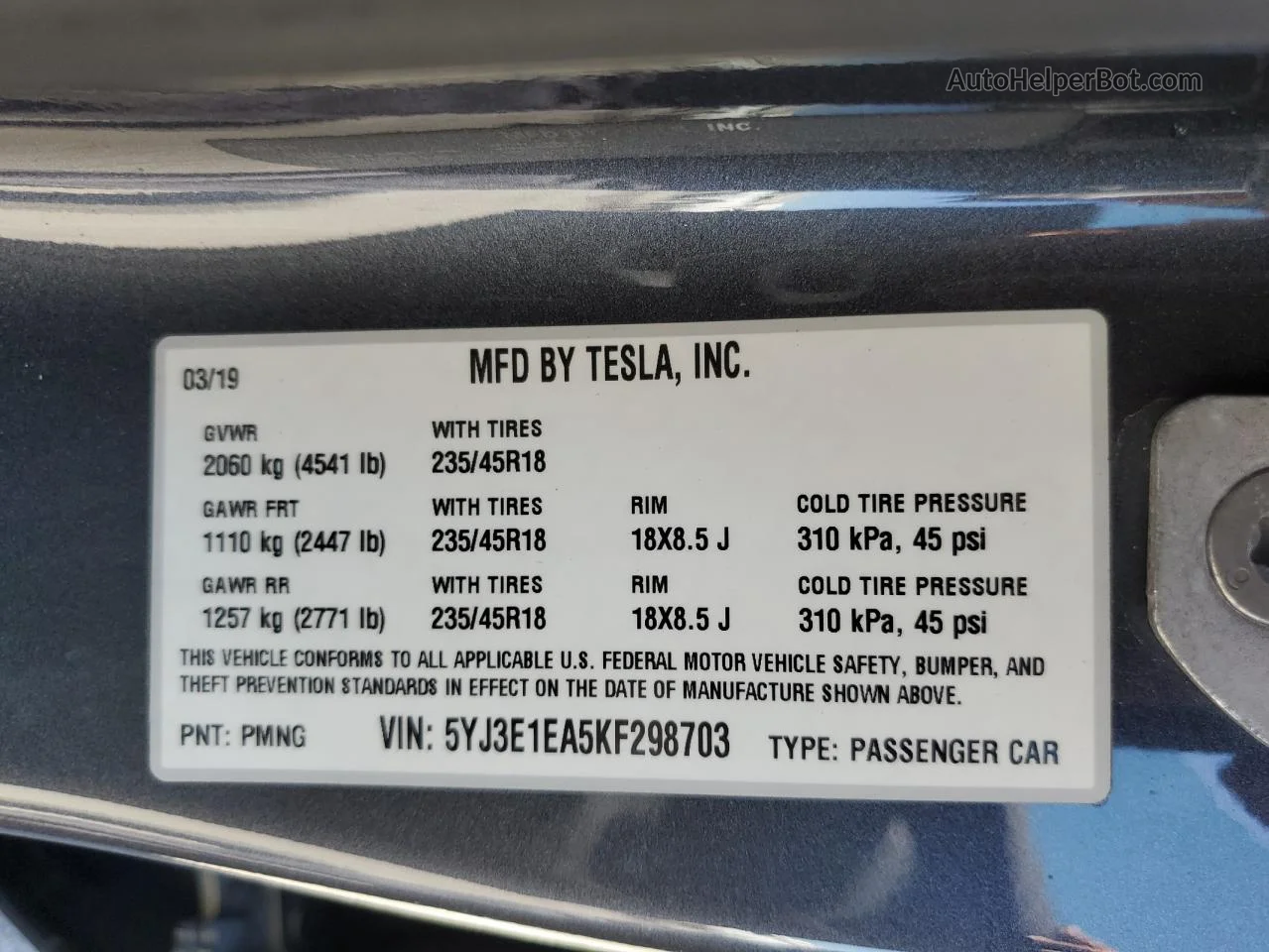 2019 Tesla Model 3  Black vin: 5YJ3E1EA5KF298703